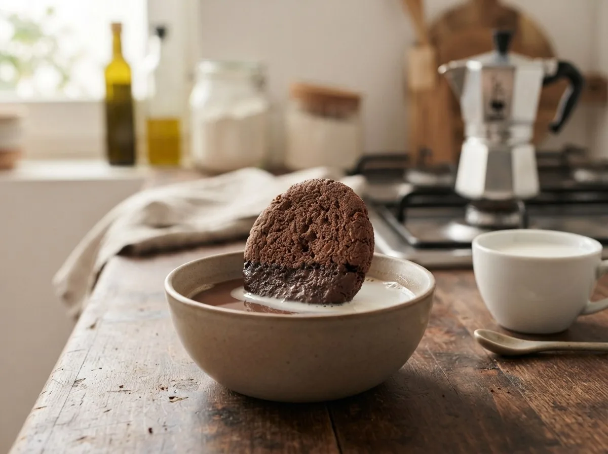 Frollini al cacao rustici vicino a una tazza fumante